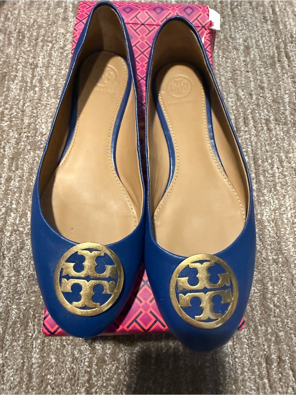 Tory Burch Women’s Blue Leather Logo Ballet Flats